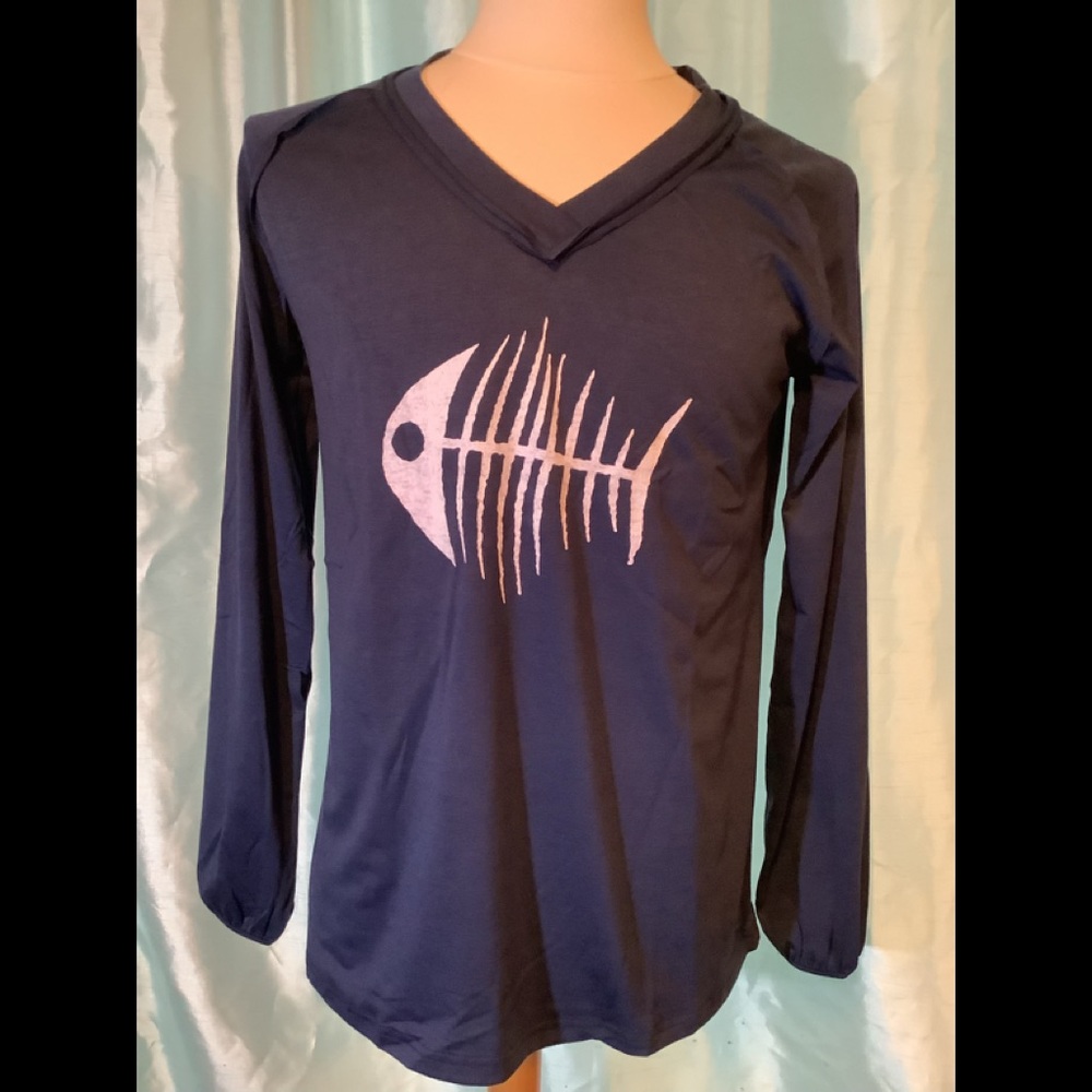 Bone Fish Print V-Neck Long Sleeve Top, Navy Blue
